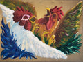 Pintura óleo y spray Pelea de gallos de elpandinos sobre tela 30×40 cm, año 2024
