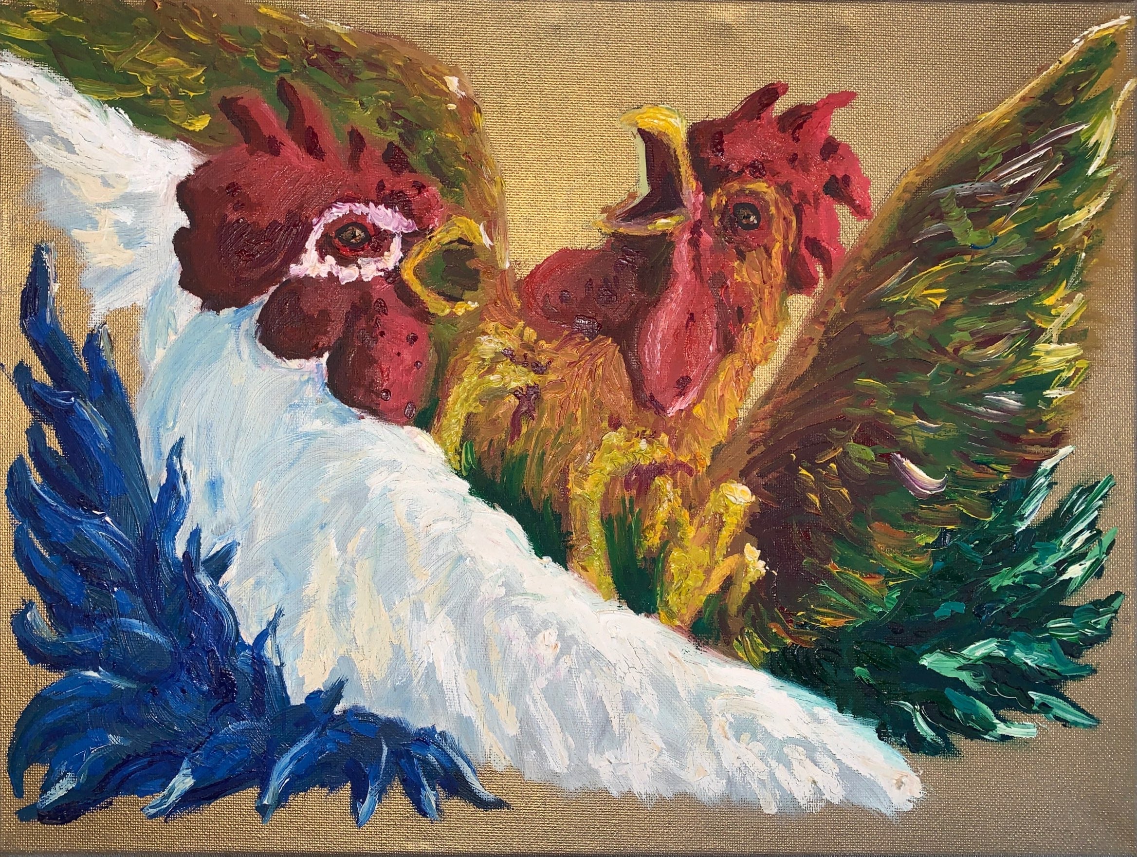 Pintura óleo y spray Pelea de gallos de elpandinos sobre tela 30×40 cm, año 2024