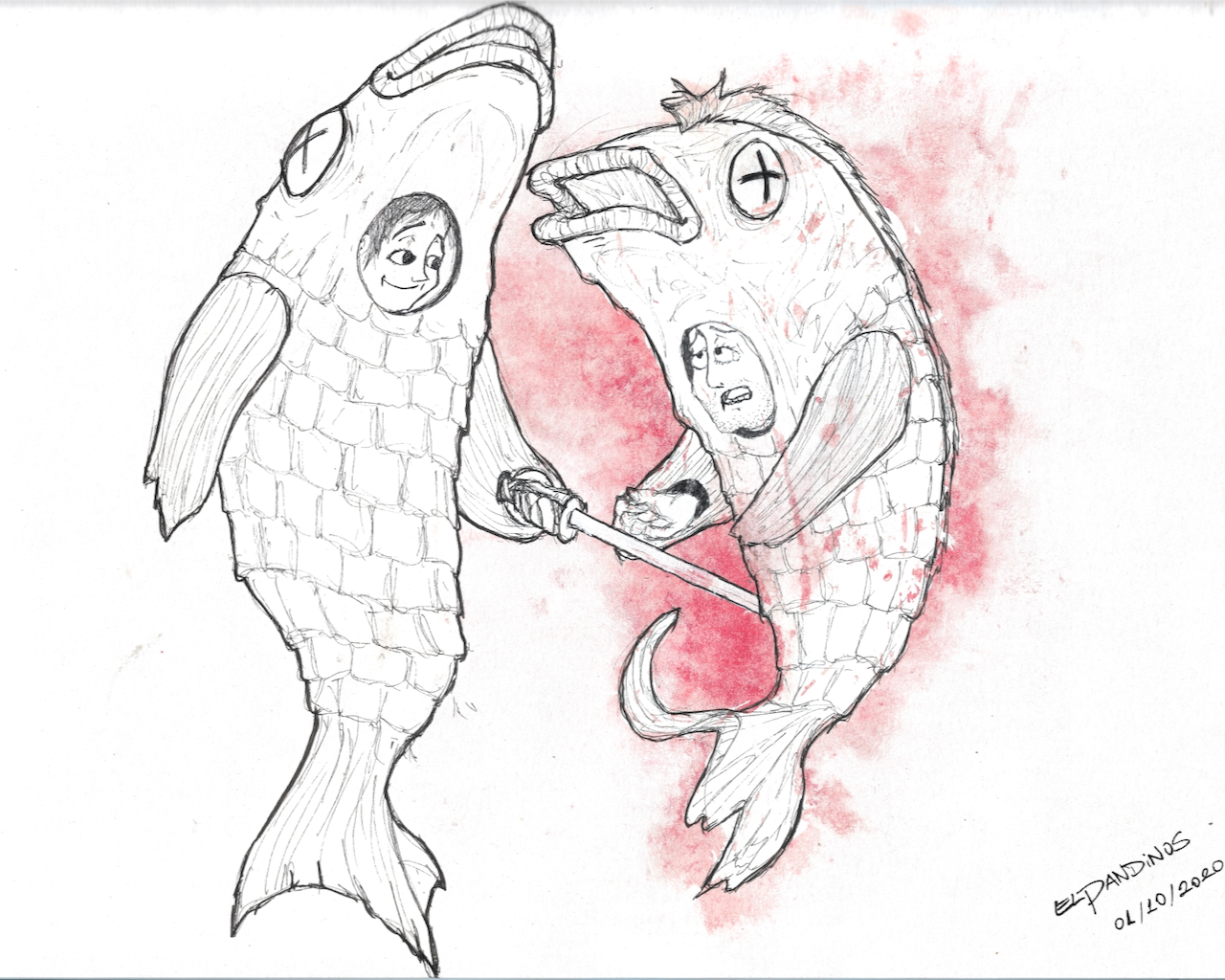 Obra Reineta mata Reineta de elpandinos: técnica mixta de grafito y acuarela con peces enfrentados sobre papel